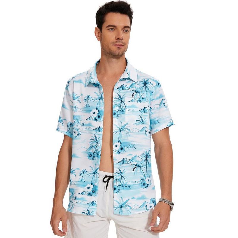 Men's Hawaiian Shirt Short Sleeve Linen Button Down Shirts Casual Floral Printed Beach Shirts with Pocket, 3 of 8