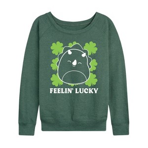 Women's Squishmallows Lucky Lightweight French Terry Wide Neck Long Sleeve Graphic Shirt - Heather Juniper - Large - 1 of 4