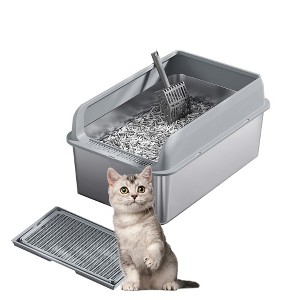Stainless Steel Cat Litter Box with Lid Large Litter Box for Big Cats Non-Stick Stainless Steel Litter Box High Sides,Anti-Leakage 8"Deep - 1 of 4