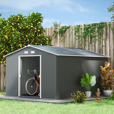 Outsunny 11' x 9' Gray Metal Storage Shed Kit with Windows