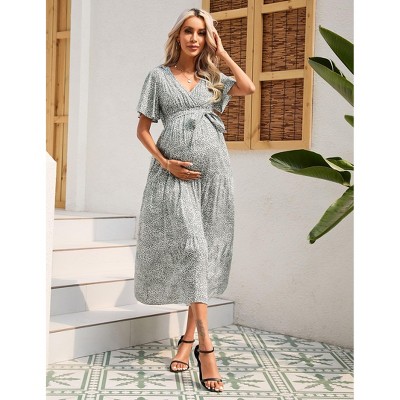 OUGES Fall Maternity Maxi Dress Long Sleeve Wrap V Neck Baby Shower Pregnancy Dresses For Photoshoot
