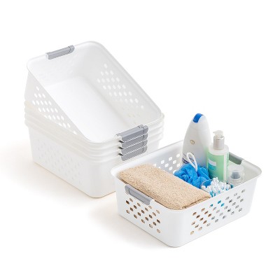 Iris Usa 4pack Medium Stackable Lidded Basket Storage Organizer Bins, Off  White : Target