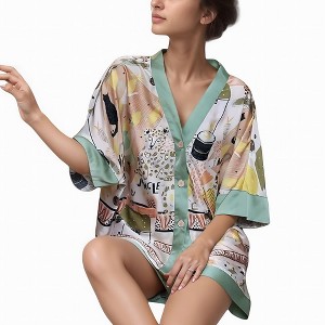 Anna-Kaci Lounge Women's Animal Print Pajama Set with Short Sleeves Button-Up Top and Contrast Trim Shorts - 1 of 4