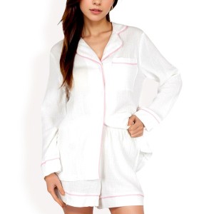 Anna-Kaci Lounge Women's Textured Cotton Pajama Set with Contrast Piping and Button-Up Top - 1 of 4