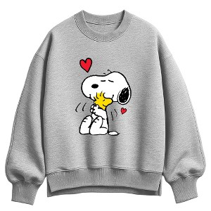 Women's Peanuts Snoopy and Woodstock Hug Oversized Fleece Crew