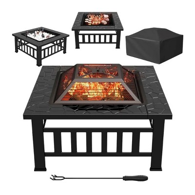 Fortune Candy 32'' Square Metal Fire Pit Table, Wood Burning Outdoor Fireplace with Spark Screen and Poker for Patio or Backyard, Black