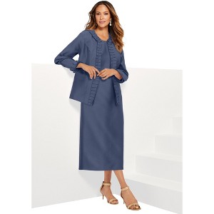 Roaman's Plus Size Long Sleeve Pleated Jacket Dress Set – Elegant 2-Piece Sheath Suit - 1 of 4