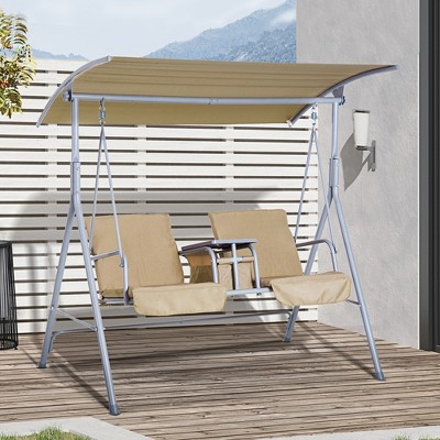CAVINAS 2-Seat Porch Swing with Stand,Patio Swings with Canopy,Pivot Storage Table,2 Cup Holders,Cushions,Outdoor Swing for Poolside,Garden