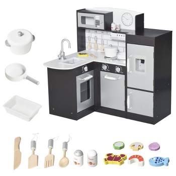 Qaba Kids Play Kitchen Set Pretend Wooden Cooking Toy Set with Drinking Fountain, Microwave, Fridge and Accessories for Age 3 Years