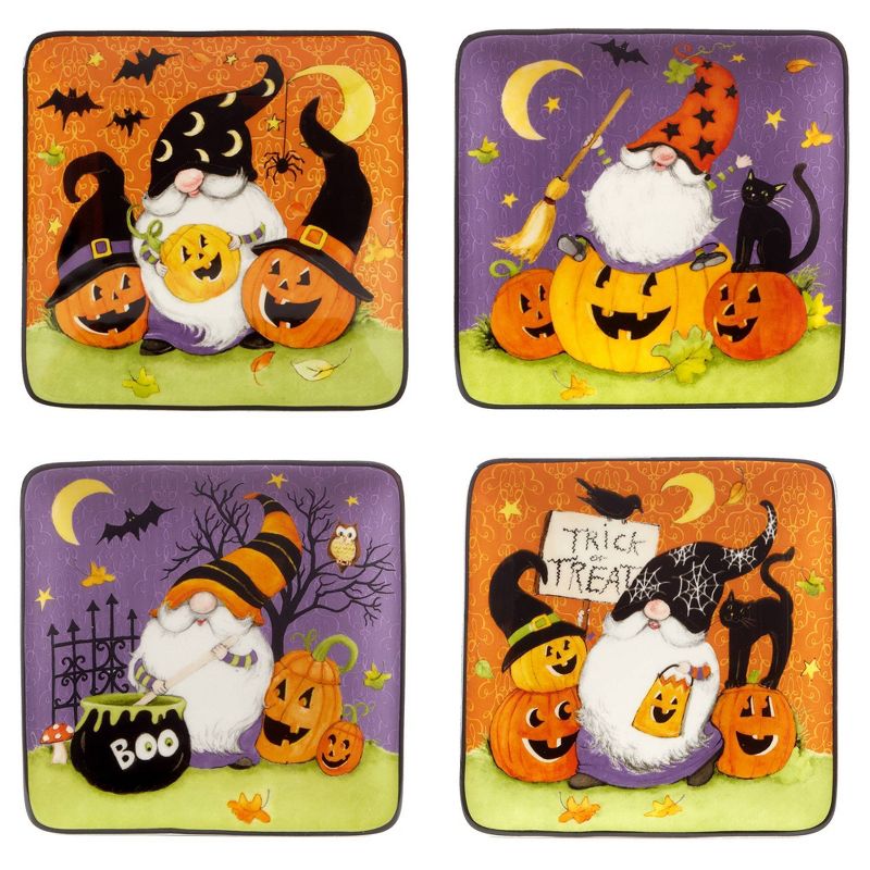 Set of 4 Halloween Gnomes Square Canape Dining Plates - Certified International, 1 of 7