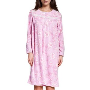 YafeMarte Women’s Long Sleeve Soft Plush Nightgown with Floral Lace Trim Design - 1 of 4
