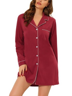 cheibear Women's Long Sleeve Button Down Lounge Dress Nightshirt Sleepwear  Red X-Small