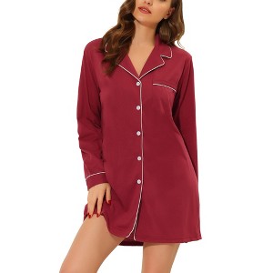 cheibear Women's Long Sleeve Notched Lapel Button Down Lounge Nightshirt - 1 of 4