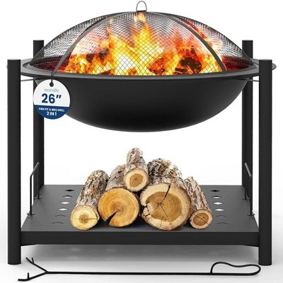 SereneLife Outdoor Wood Fire Pit - Steel BBQ Grill Fire Pit Bowl with Mesh Spark Screen, Log Grate, and Wood Fire Poker - SLNFWD74