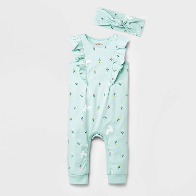 Image of Baby Girls' Bunny Romper with Headband - Cat & Jack™ Mint Green 12M