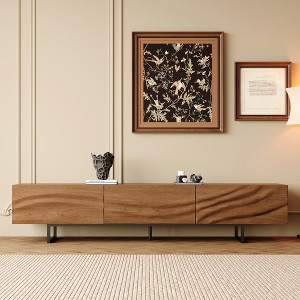 82.83” Mid-Century Modern Solid Wood Relief TV Stand - 3 Drawers, Metal Legs & Ventilation Holes - 1 of 4