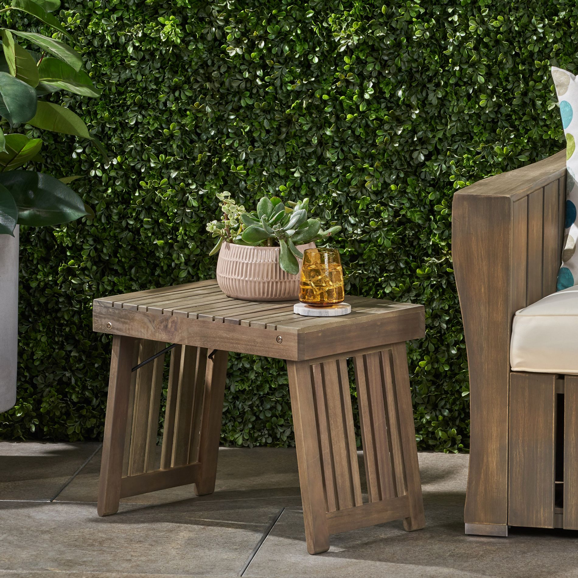 Foldable Outdoor Wood Side Table, Slatted Patio Accent Table for Garden, Balcony, Porch and Deck, Gray