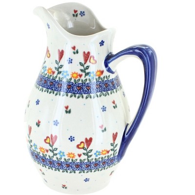 Blue Rose Polish Pottery Hearts & Flowers Pitcher