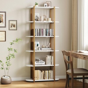 Coolmee 6 Tier Industrial Bookshelf, 71 Inch Tall Narrow Wooden Bookcase with Iron Frames, Open Display Shelving for Living Rooms Bedroom - 1 of 4