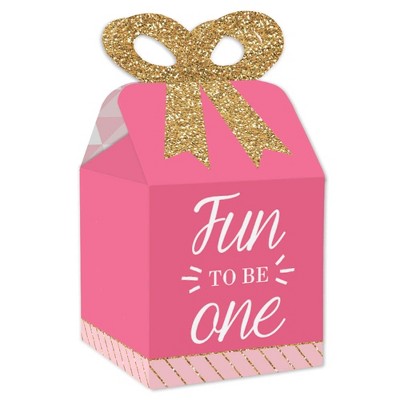 Big Dot of Happiness 1st Birthday Girl - Fun to be One - Square Favor Gift Boxes - First Birthday Party Bow Boxes - Set of 12
