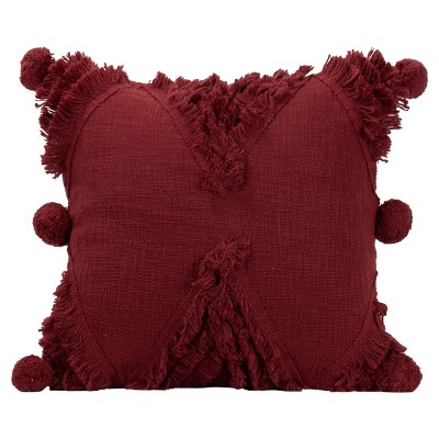 Diamond Motif  Hand Woven 18x18" Decorative Cotton Throw Pillow with Fringe Shag and Pom Poms - Foreside Home & Garden