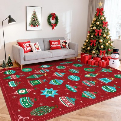 Christmas Ball Print Washable Accent Rug with Non-Slip Backing,Stain-Resistant Low Pile Xmas Holiday Carpet