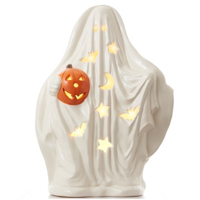 Casafield Ceramic Halloween Ghost with Pumpkin, Hand Painted 14-Inch Pre-Lit LED Scary Ghost Tabletop Decor