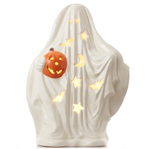 Casafield Ceramic Halloween Ghost with Pumpkin, Hand Painted 14-Inch Pre-Lit LED Scary Ghost Tabletop Decor - 1 of 4