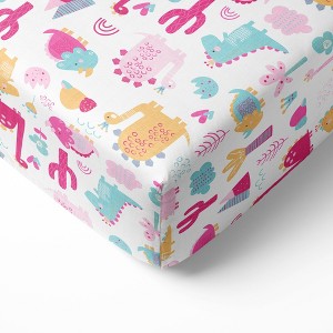 Bacati - Little Dino Girls Fucshia/Aqua Muslin 100 percent Cotton Muslin Universal Baby US Standard Crib or Toddler Bed Fitted Sheet - 1 of 4