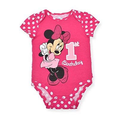 Disney Baby Girl's Minnie Mouse 1st Birthday Bodysuit Creeper with Shoulder Flaps and Snap Crotch Button Closures for infant
