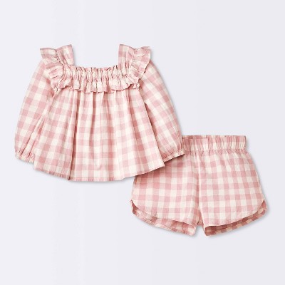 Baby Girls' Gingham Linen Slub Top & Bottom Set - Cloud Island™ Pink 12M