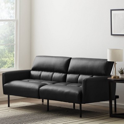 Comfort Collection Futon Sofa Bed With Box Tufting Black Faux Leather