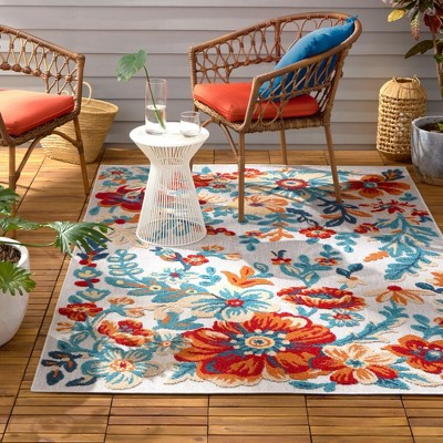 Ivory Red Blue Floral Tufted Indoor Outdoor Area Rug