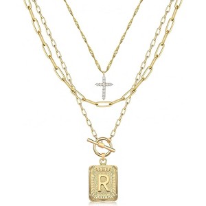 Layered Initial Necklace: 14K Gold Plated with Cross & Letter Pendant, Paperclip Chain, Trendy Jewelry for Women - 1 of 4