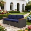89" Outdoor 3 Seat Wicker Patio Sofa with Cushions and Wood Grain Armrests, All Weather Couch for Deck or Garden -3irtyhousy - 3 of 4