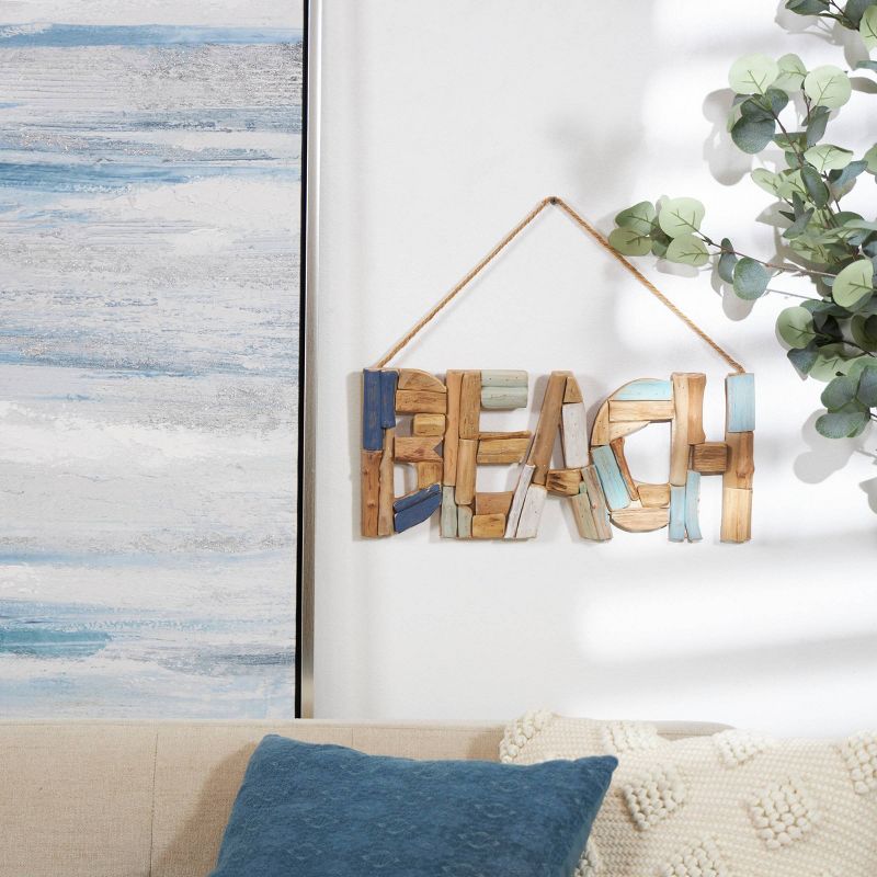 Wood Sign Handmade Driftwood Inspired Beach Wall Decor with Blue Accent and Hanging Rope Brown - Olivia &#38; May, 5 of 6