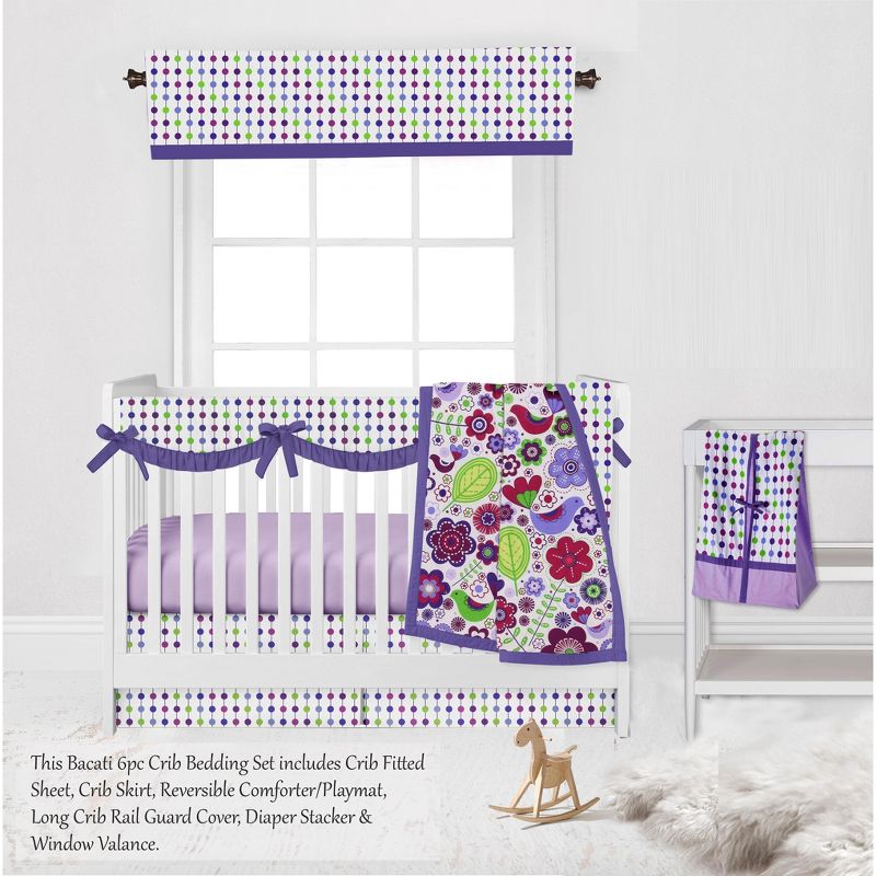 Bacati - Botanical Floral Birds Purple Multicolor 6 pc Crib Bedding Set with Long Rail Guard Cover, 4 of 11