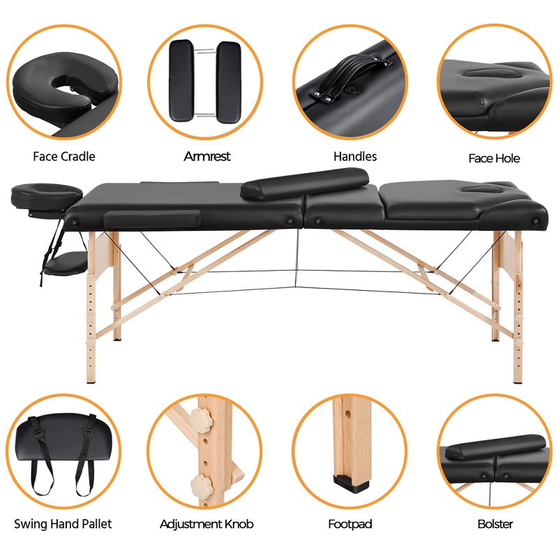 Yaheetech Professional Portable Massage Bed 3 Folding Massage Table with Backrest Black, 4 of 9