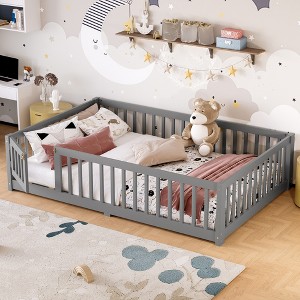 QingMoon Twin Size Floor Bed for Children with Door and Fence Solid Wood Montessori Bed Frame, for Girls and Boys Easy Assembly - 1 of 4