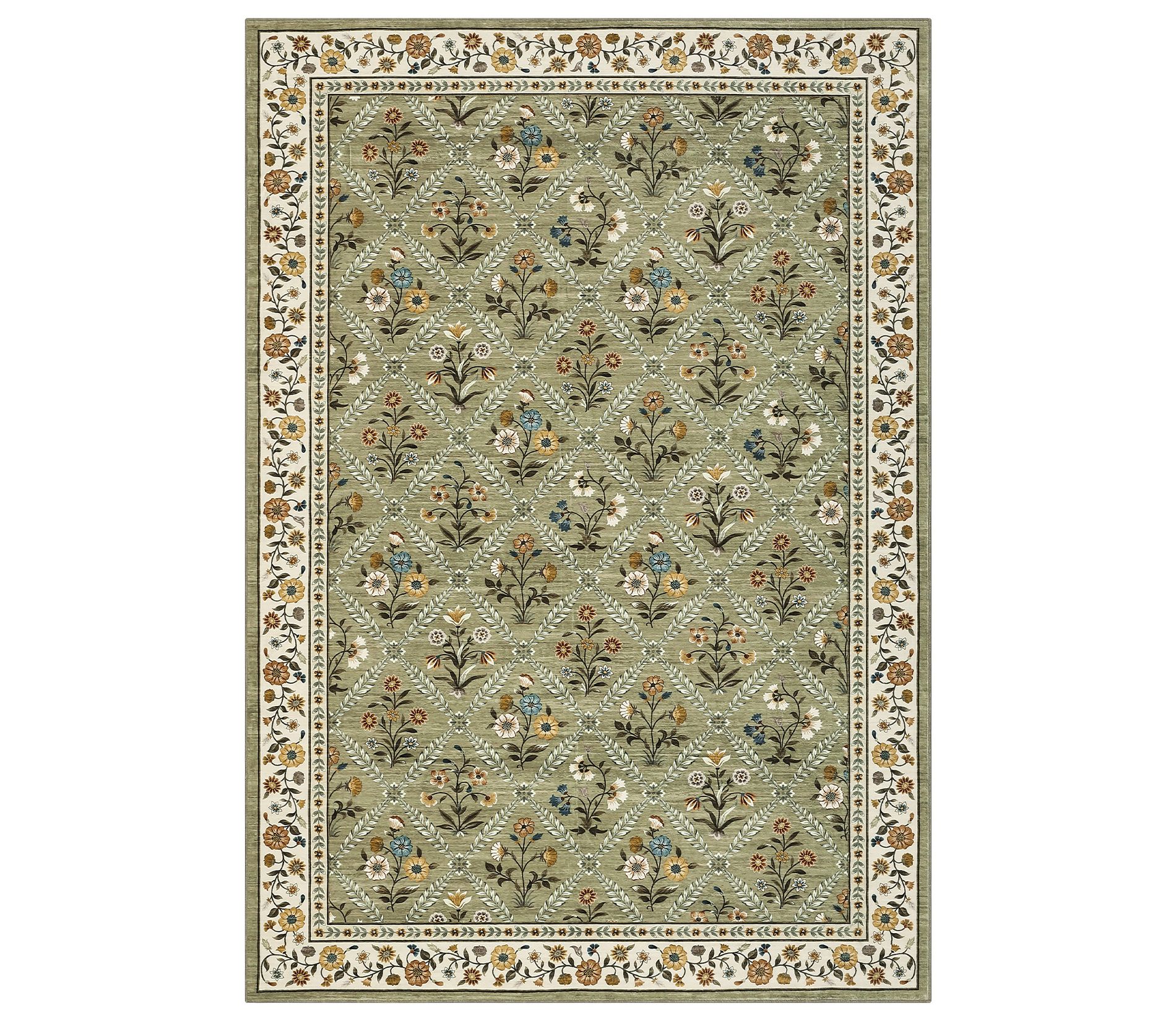 8'x10' Washable Farmhouse Floral Print Living Room Rugs, Soft Non Slip Modern Bedroom Carpet, Ultra Thin Floor Rug for Home Office, Green