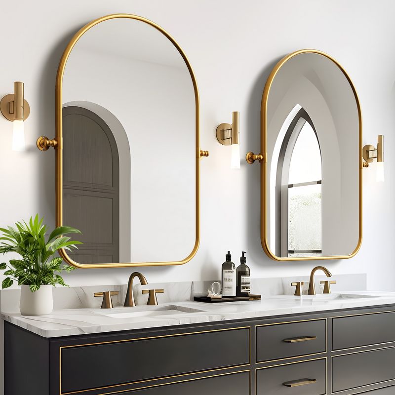 Neutypechic Arched Metal Frame Pivot Wall Mirror Bathroom Vanity Mirror Set of 2 - 36"x24", Gold, 1 of 8