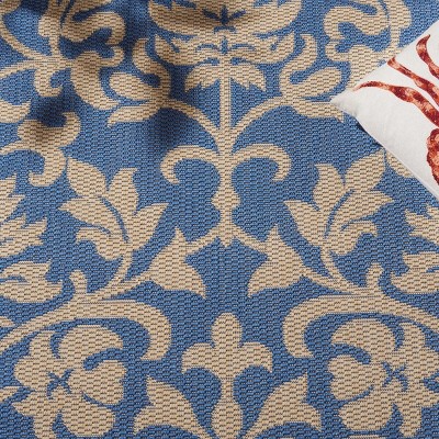 Blue and Natural Floral Motif Rectangular Outdoor Rug