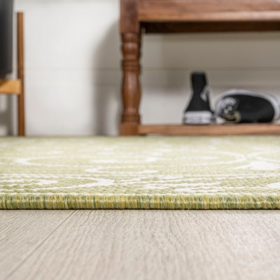 Boho-Chic Green and Cream Vintage Filigree 9' x 12' Indoor/Outdoor Rug
