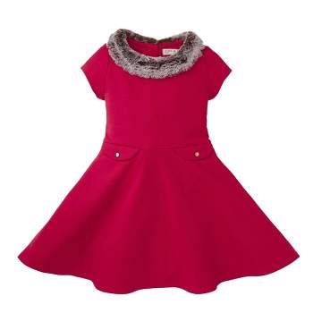 Hope & Henry Girls' Fit and Flare Ponte Dress with Faux Fur (Red, 4)
