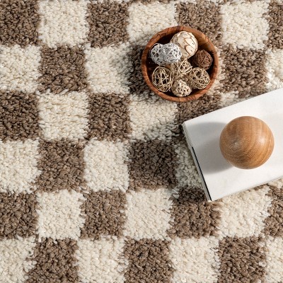 Beige and Brown Checkered Shag Synthetic Area Rug 2' x 3'
