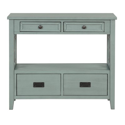 Hostack 36'' Farmhouse Wood Console Table with 4 Drawers and 1 Storage Shelf for Entryway and Living Room , Retro Blue