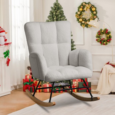Image of COMHOMA  Modern Nursery Rocking Chair, Teddy Upholstered Glider Accent Chair with Side Pockets, High Backrest, Gray