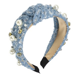 Unique Bargains Women's Pearly Crystal Knotted Women Headband Light Blue 1 Pc - 1 of 4