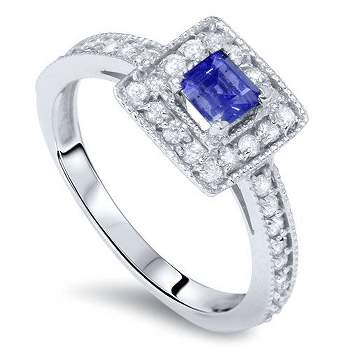 Pompeii3 7/8ct Blue Sapphire Princess Cut Halo Diamond Ring 14K White Gold