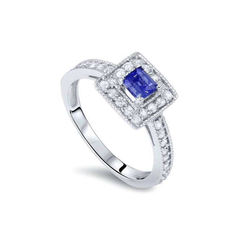 Pompeii3 7/8ct Blue Sapphire Princess Cut Halo Diamond Ring 14K White Gold, 1 of 4